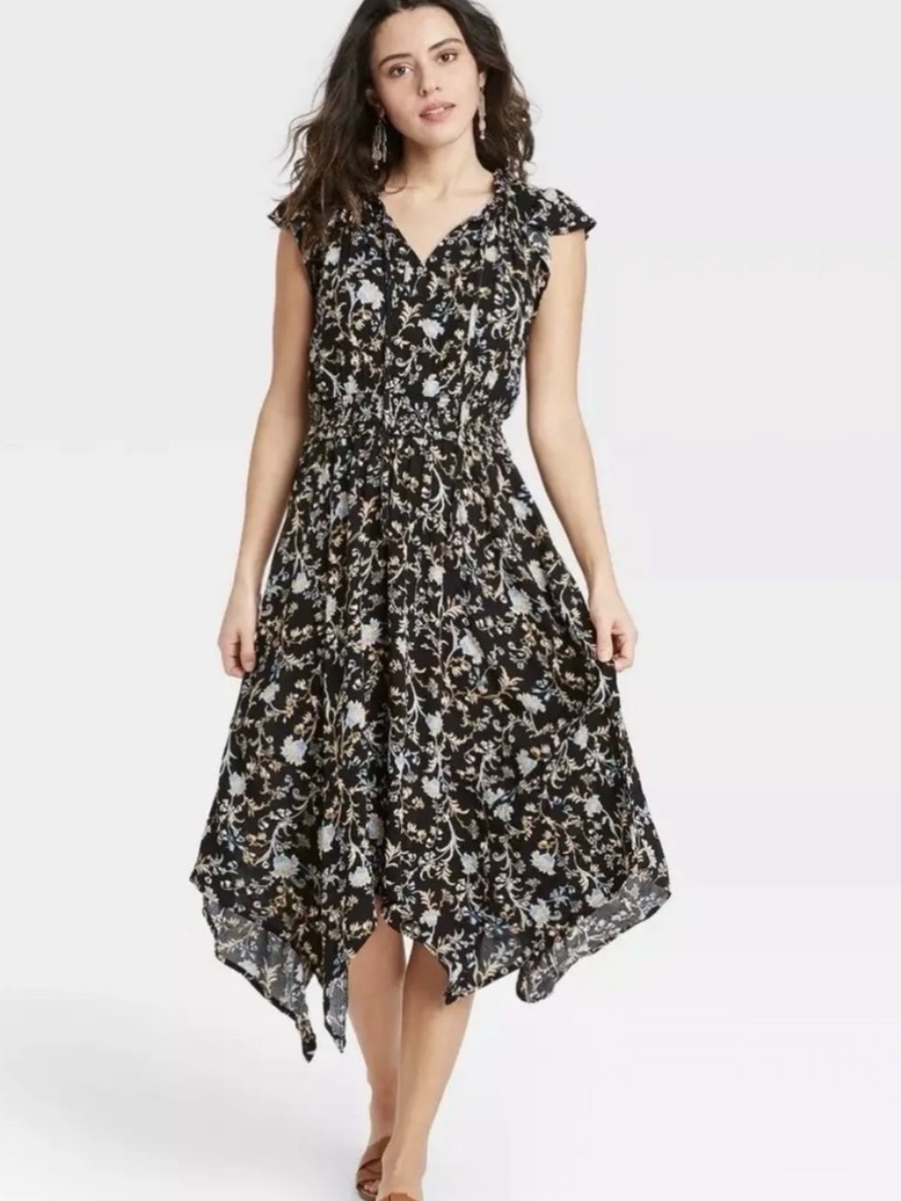 Knox Rose Black Floral Smocked Waist Handkerchief Hem Midi Dress Size L - Picture 9 of 11